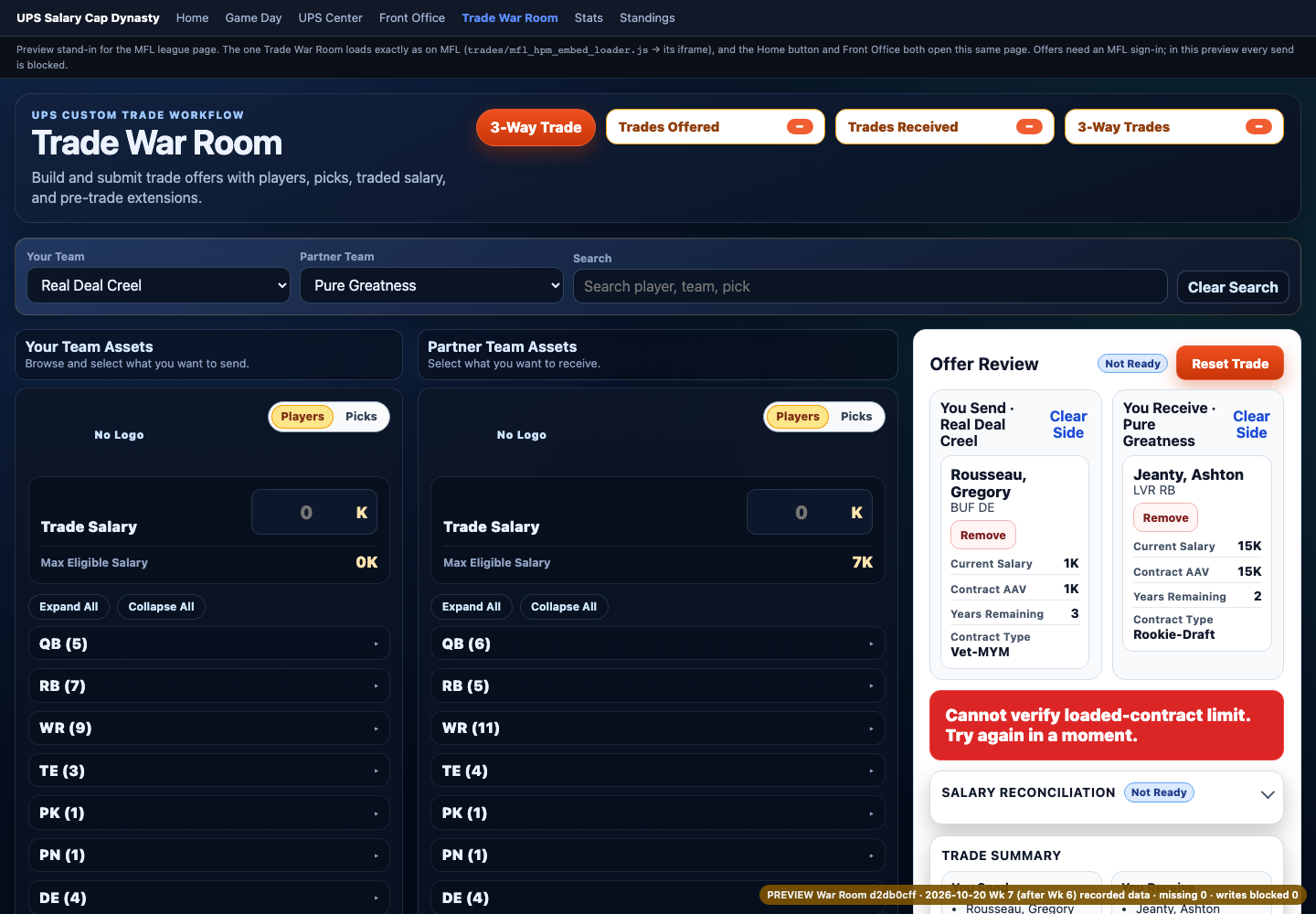 War Room opened from a Trade finder swap: both teams and both players preselected.